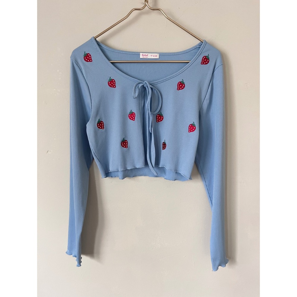 Romwe cottagecore Blue Strawberry Embroidered Tie Front Cropped Cardigan Top L